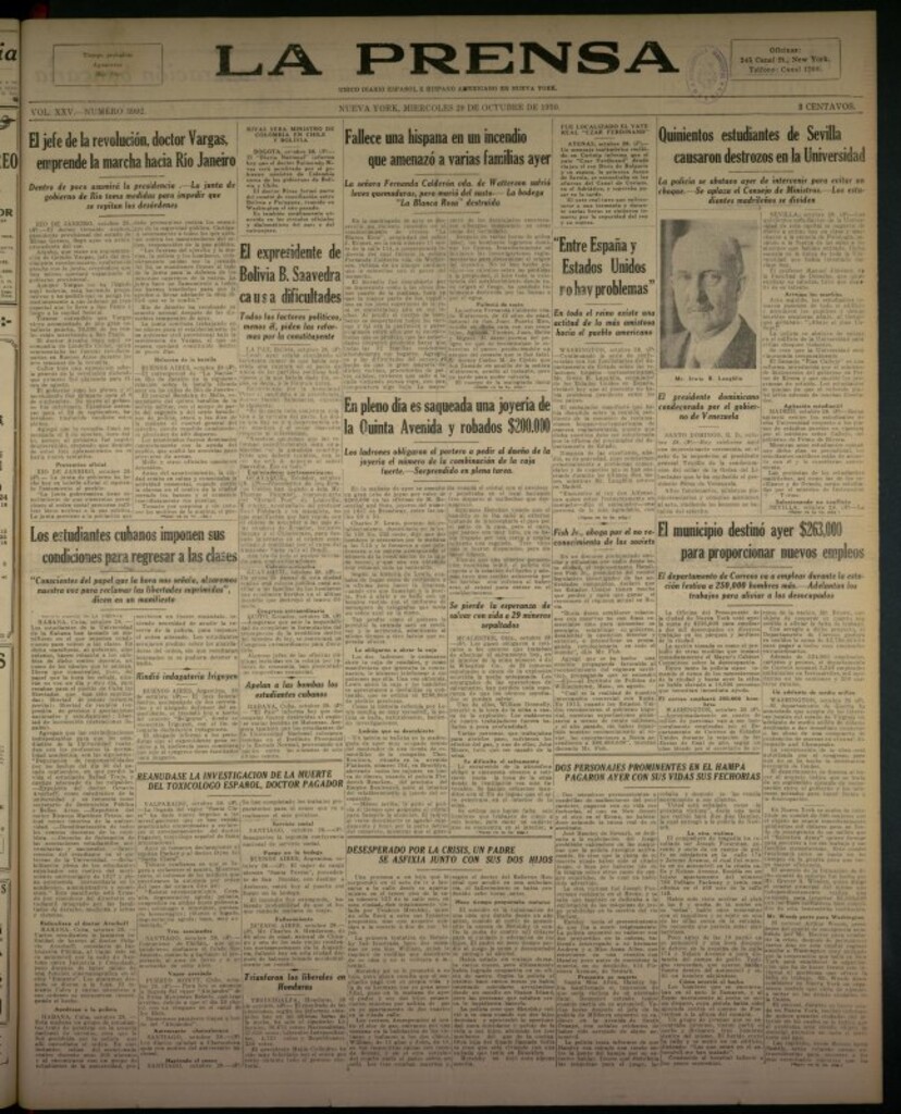 Miniatura de La Prensa: único diario español e hispano americano en Nueva York del 29 de octubre de 1930, nº 3992