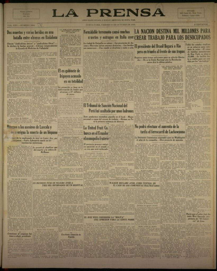 Miniatura de La Prensa: único diario español e hispano americano en Nueva York del 31 de octubre de 1930, nº 3994