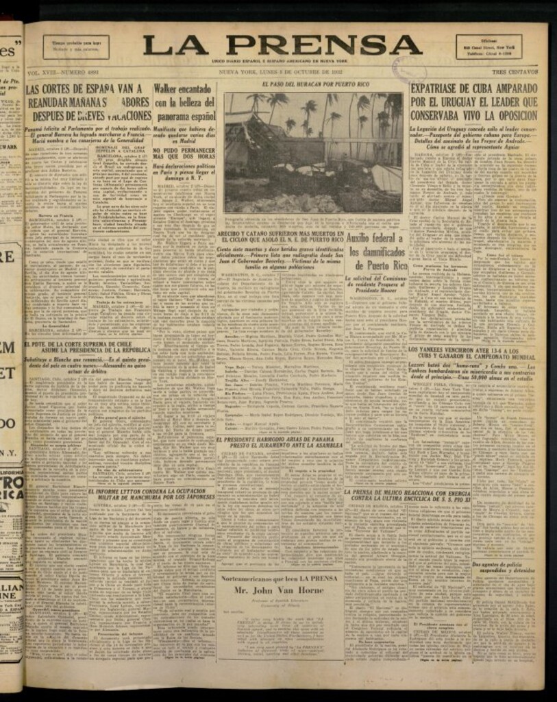 Miniatura de La Prensa: único diario español e hispano americano en Nueva York del 3 de octubre de 1932, nº 4893