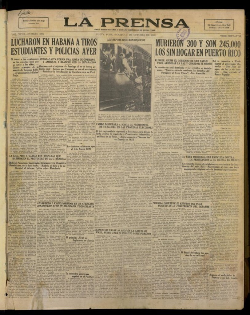 Miniatura de La Prensa: único diario español e hispano americano en Nueva York del 1 de octubre de 1932, nº 4892