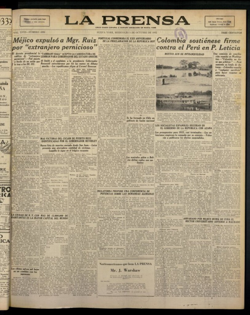 Miniatura de La Prensa: único diario español e hispano americano en Nueva York del 5 de octubre de 1932, nº 4895