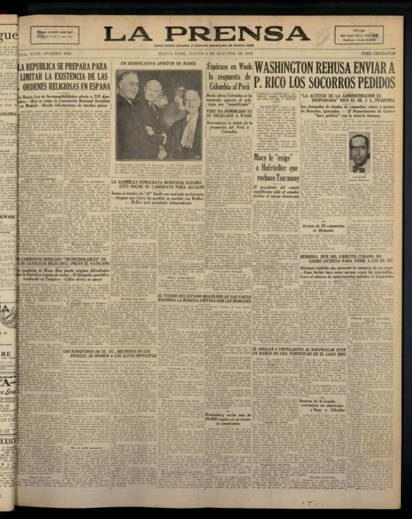 Miniatura de La Prensa: único diario español e hispano americano en Nueva York del 6 de octubre de 1932, nº 4896