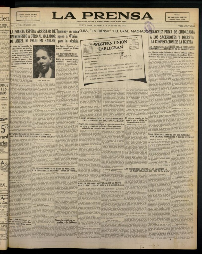Miniatura de La Prensa: único diario español e hispano americano en Nueva York del 8 de octubre de 1932, nº 4898