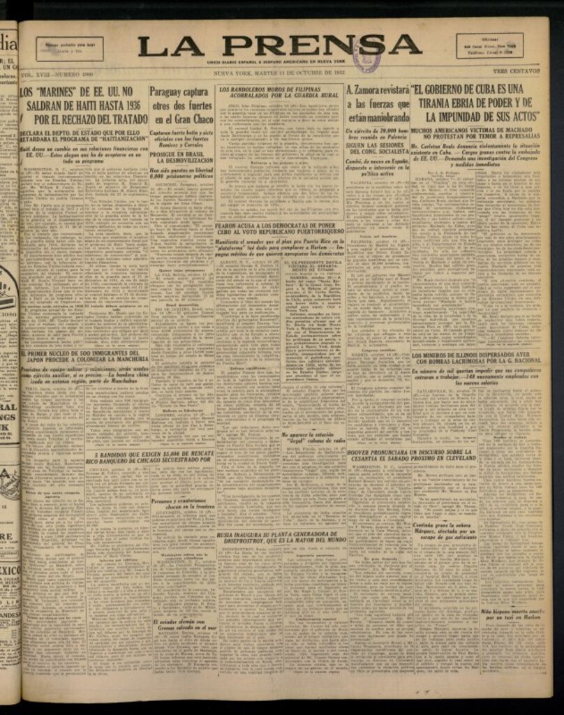 Miniatura de La Prensa: único diario español e hispano americano en Nueva York del 11 de octubre de 1932, nº 4900