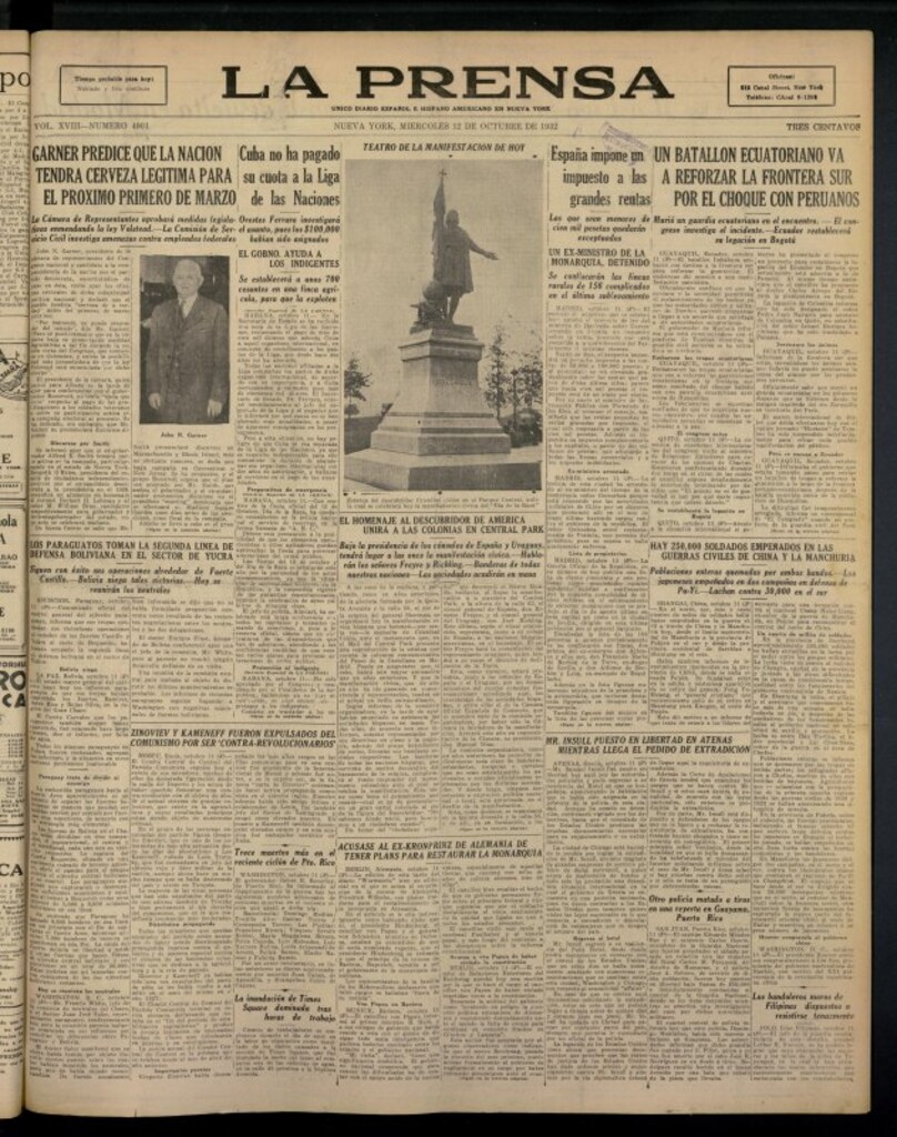 Miniatura de La Prensa: único diario español e hispano americano en Nueva York del 12 de octubre de 1932, nº 4901