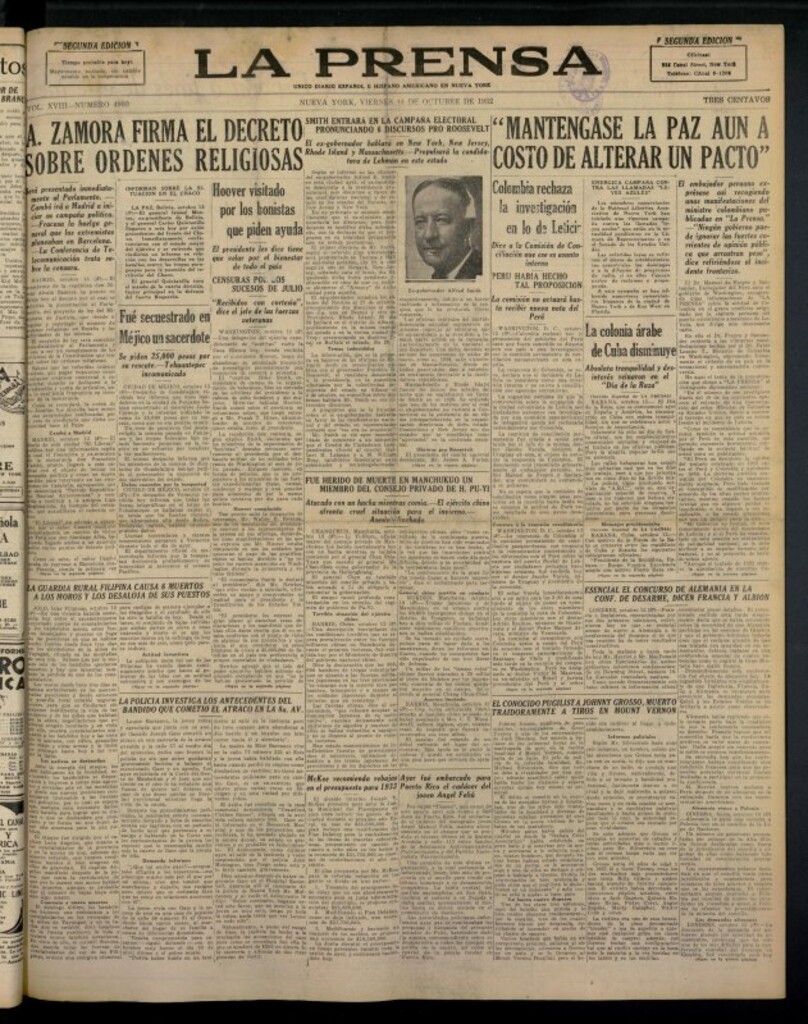 Miniatura de La Prensa: único diario español e hispano americano en Nueva York del 14 de octubre de 1932, nº 4903