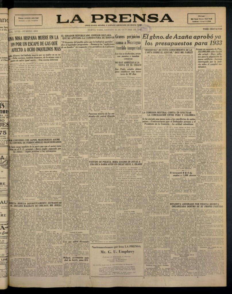 Miniatura de La Prensa: único diario español e hispano americano en Nueva York del 15 de octubre de 1932, nº 4904