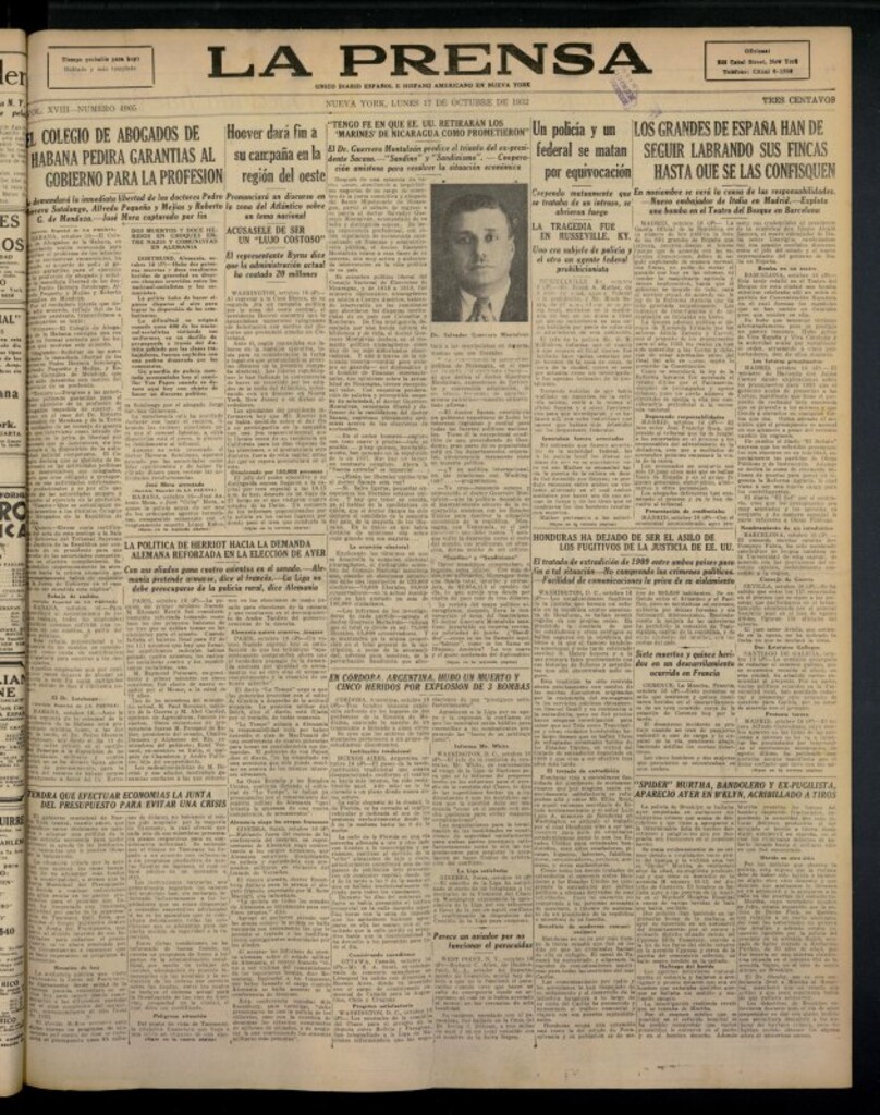 Miniatura de La Prensa: único diario español e hispano americano en Nueva York del 17 de octubre de 1932, nº 4905
