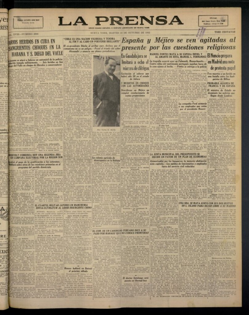 Miniatura de La Prensa: único diario español e hispano americano en Nueva York del 18 de octubre de 1932, nº 4906