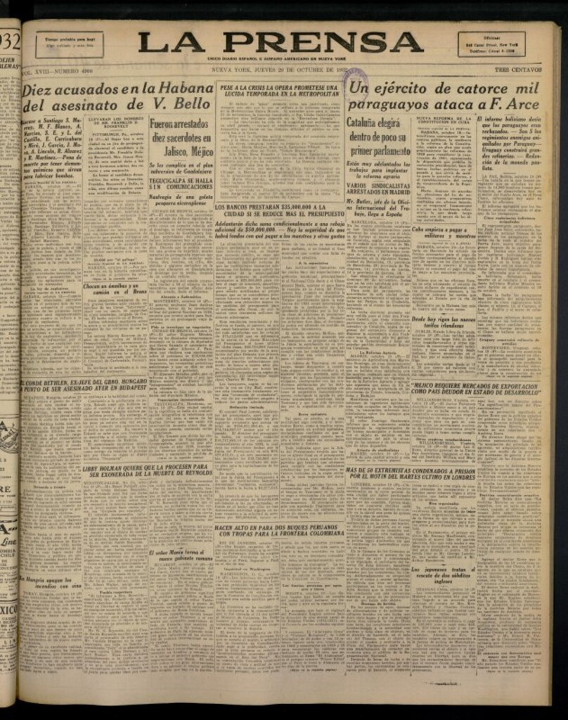 Miniatura de La Prensa: único diario español e hispano americano en Nueva York del 20 de octubre de 1932, nº 4908