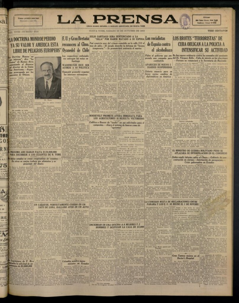 Miniatura de La Prensa: único diario español e hispano americano en Nueva York del 22 de octubre de 1932, nº 4910