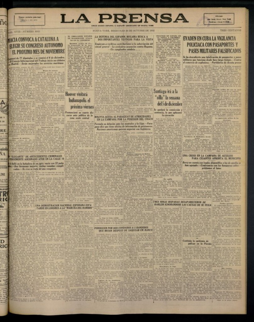 Miniatura de La Prensa: único diario español e hispano americano en Nueva York del 26 de octubre de 1932, nº 4913