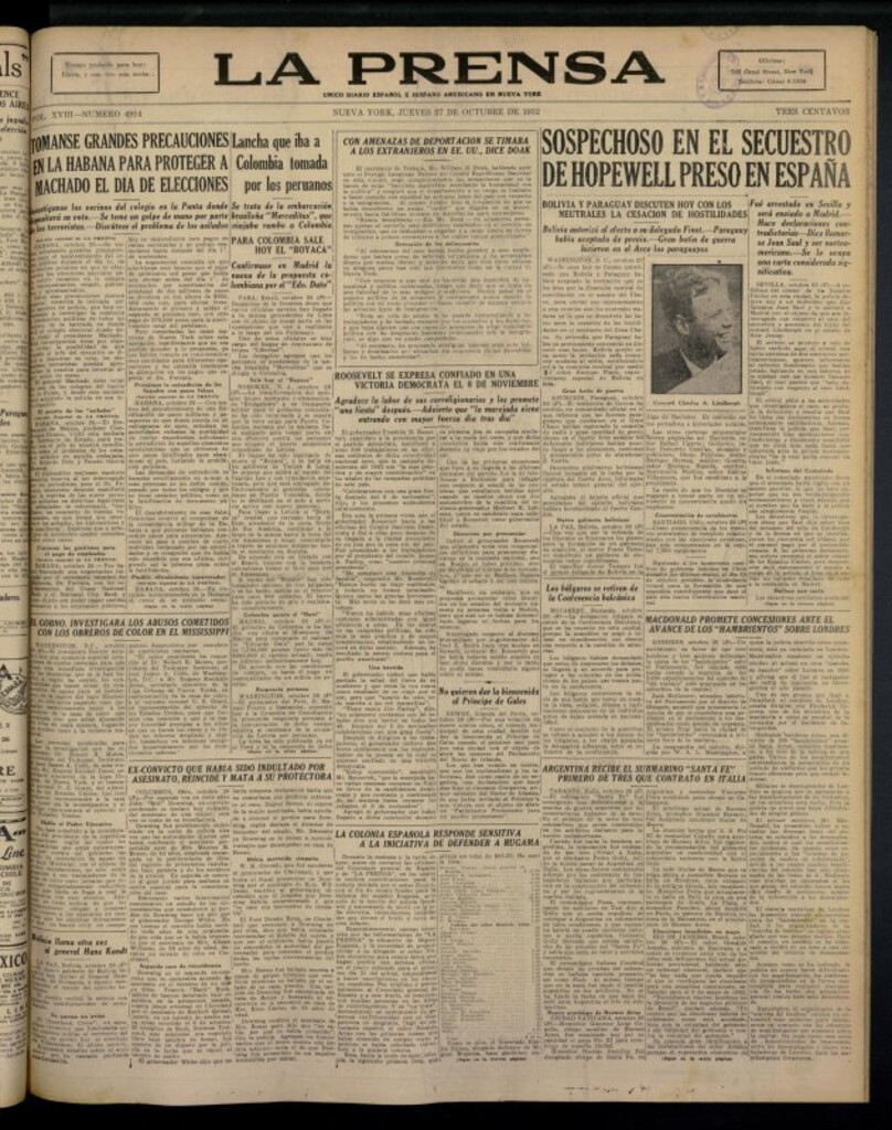 Miniatura de La Prensa: único diario español e hispano americano en Nueva York del 27 de octubre de 1932, nº 4914