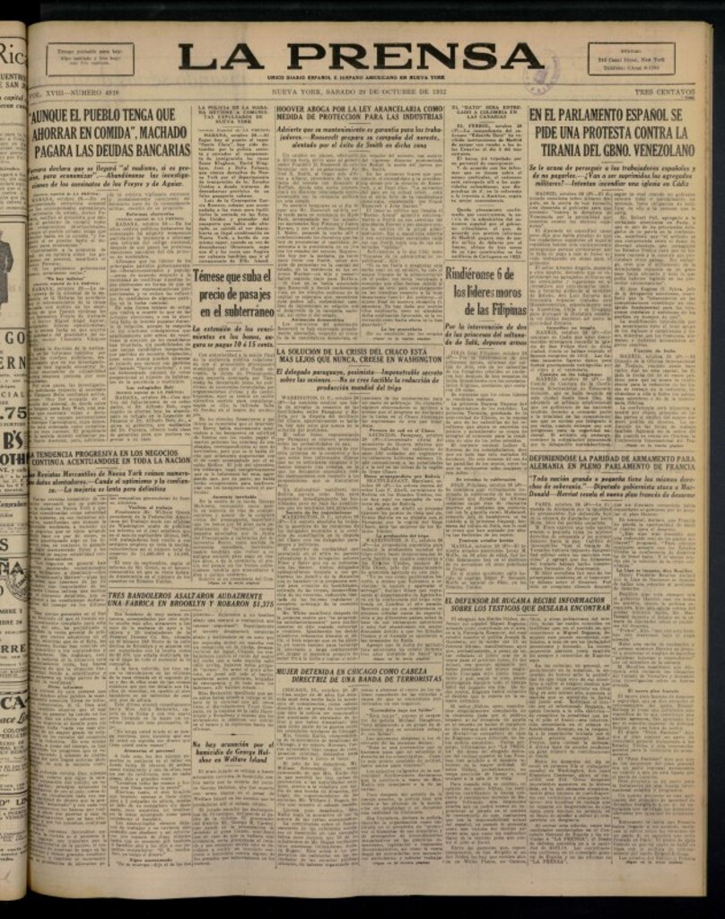 Miniatura de La Prensa: único diario español e hispano americano en Nueva York del 29 de octubre de 1932, nº 4916