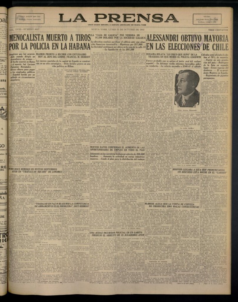 Miniatura de La Prensa: único diario español e hispano americano en Nueva York del 31 de octubre de 1932, nº 4917