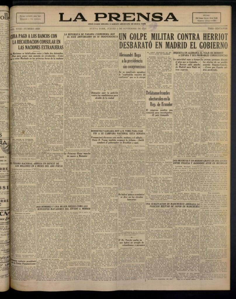 Miniatura de La Prensa: único diario español e hispano americano en Nueva York del 3 de noviembre de 1932, nº 4920
