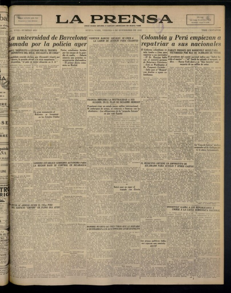 Miniatura de La Prensa: único diario español e hispano americano en Nueva York del 4 de noviembre de 1932, nº 4921