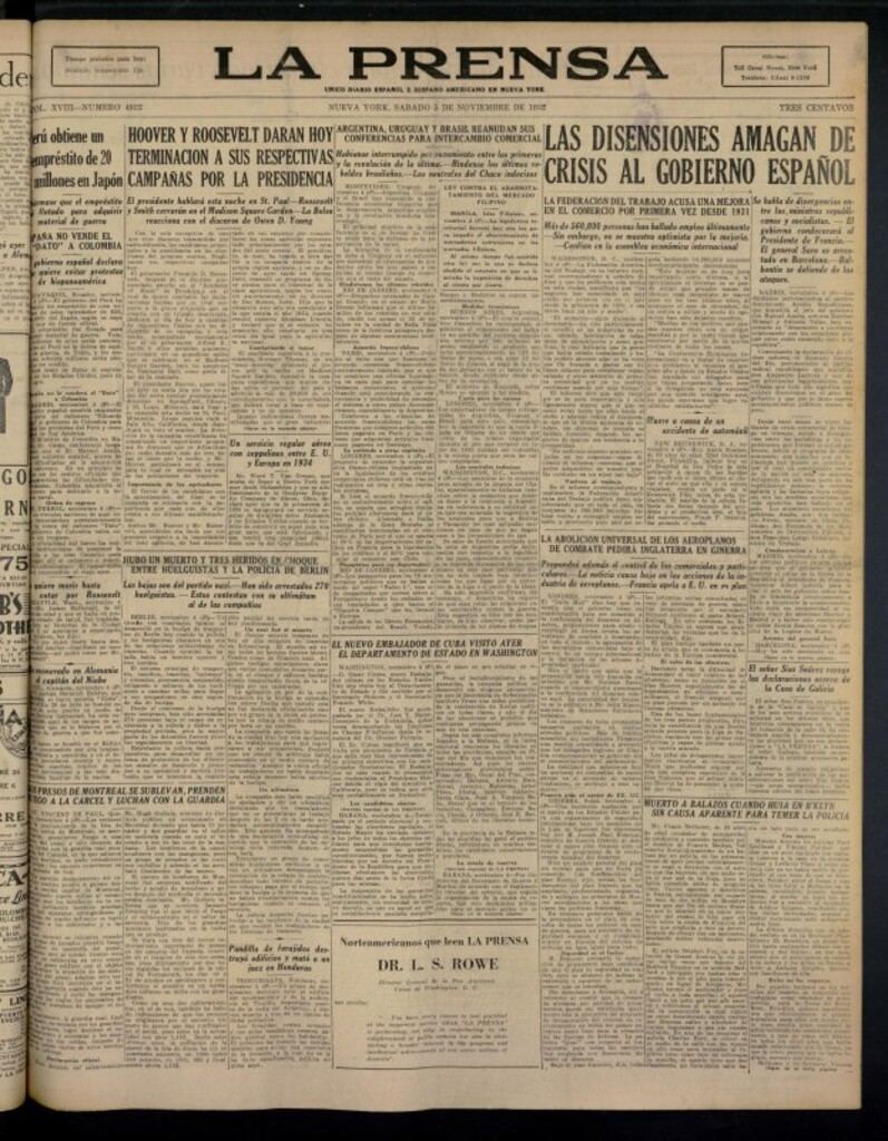 Miniatura de La Prensa: único diario español e hispano americano en Nueva York del 5 de noviembre de 1932, nº 4922