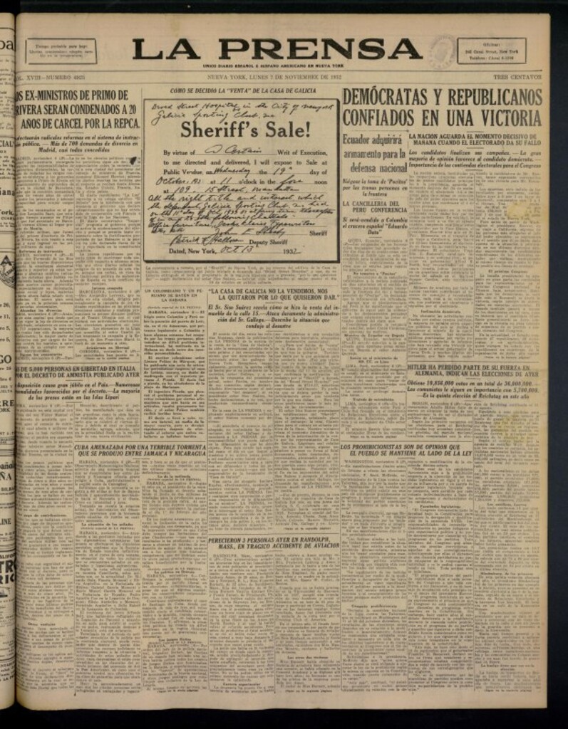 Miniatura de La Prensa: único diario español e hispano americano en Nueva York del 7 de noviembre de 1932, nº 4923