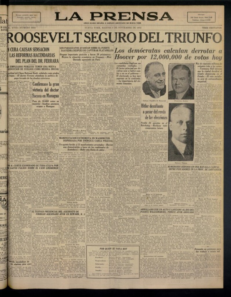 Miniatura de La Prensa: único diario español e hispano americano en Nueva York del 8 de noviembre de 1932, nº 4924