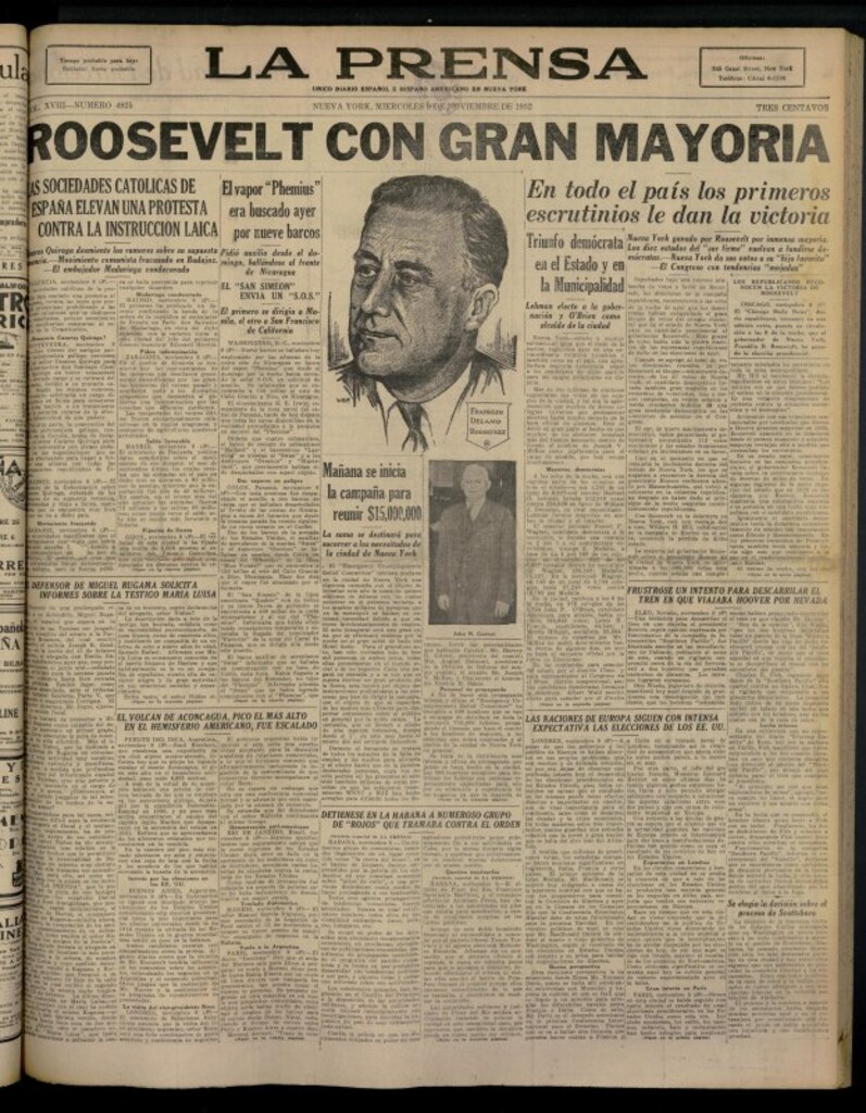 Miniatura de La Prensa: único diario español e hispano americano en Nueva York del 9 de noviembre de 1932, nº 4925