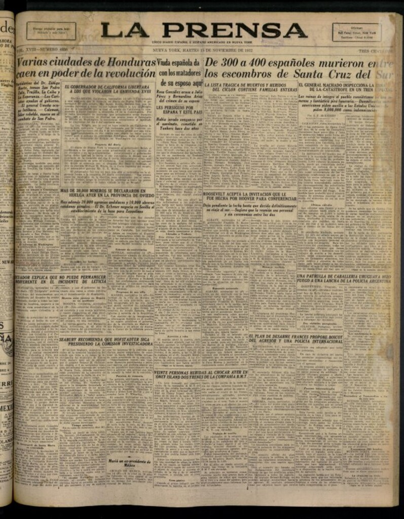 Miniatura de La Prensa: único diario español e hispano americano en Nueva York del 15 de noviembre de 1932, nº 4930