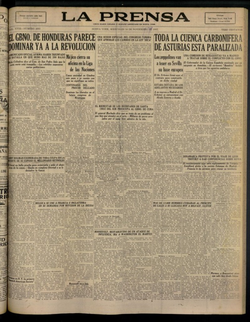 Miniatura de La Prensa: único diario español e hispano americano en Nueva York del 16 de noviembre de 1932, nº 4931