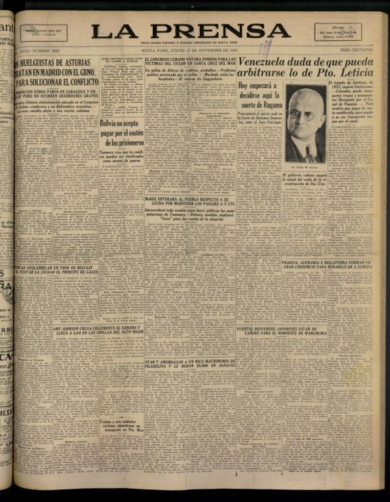 Miniatura de La Prensa: único diario español e hispano americano en Nueva York del 17 de noviembre de 1932, nº 4932