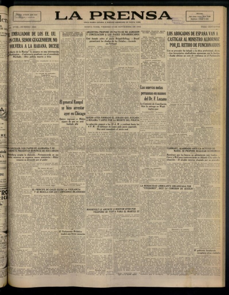 Miniatura de La Prensa: único diario español e hispano americano en Nueva York del 18 de noviembre de 1932, nº 4933