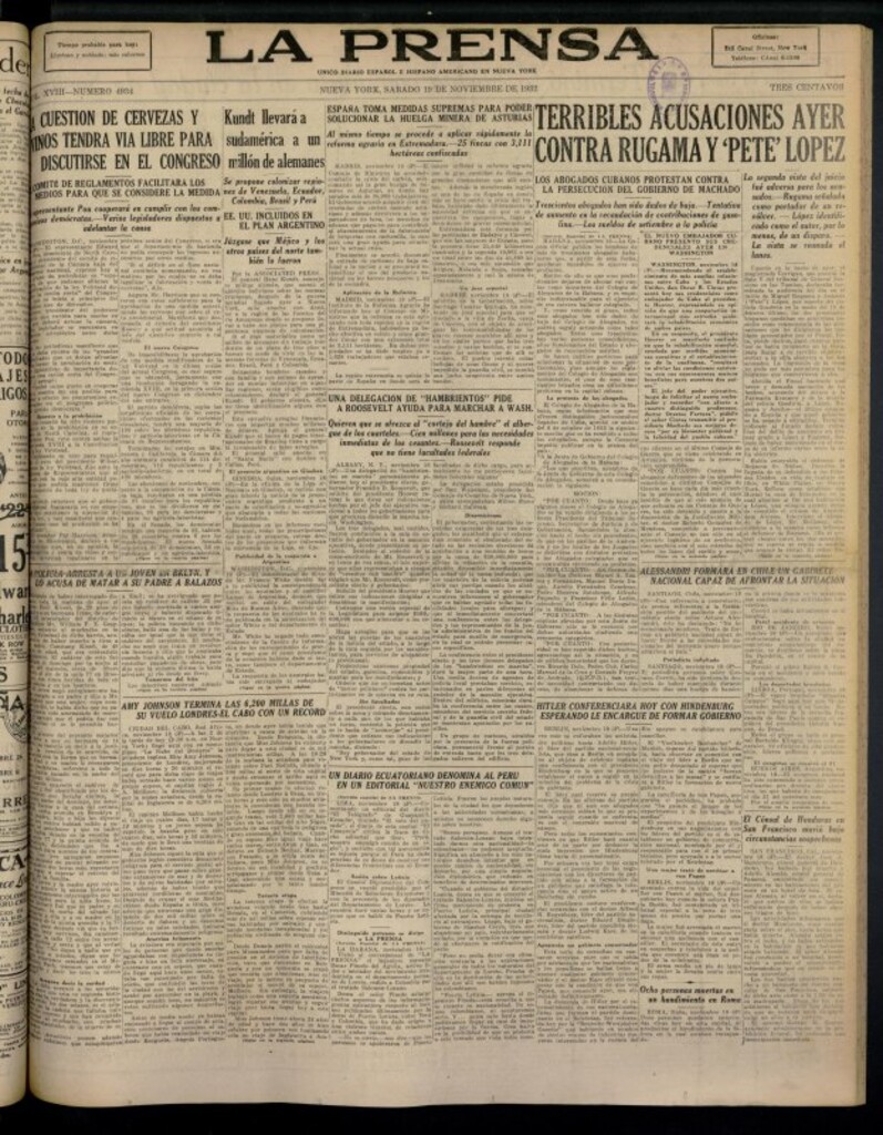 Miniatura de La Prensa: único diario español e hispano americano en Nueva York del 19 noviembre de 1932, nº 4934