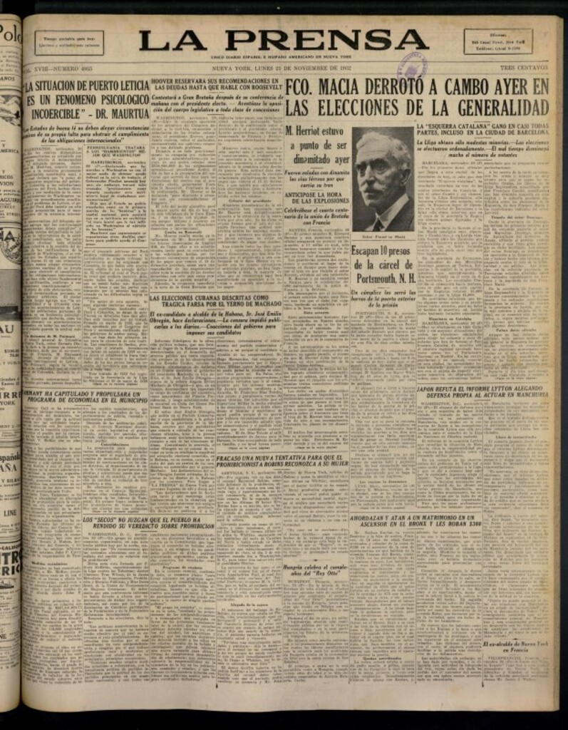 Miniatura de La Prensa: único diario español e hispano americano en Nueva York del 21 de noviembre de 1932, nº 4935