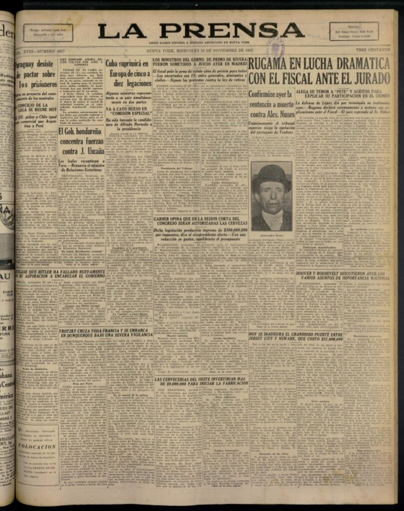 Miniatura de La Prensa: único diario español e hispano americano en Nueva York del 23 de noviembre de 1932, nº 4937