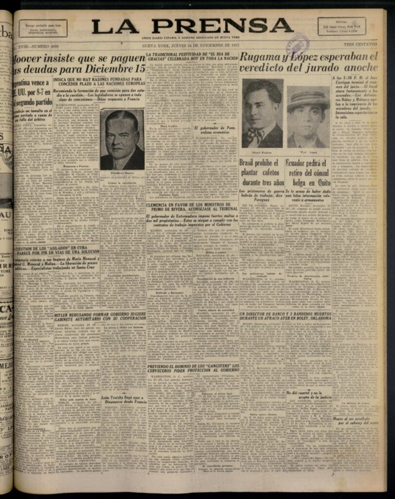 Miniatura de La Prensa: único diario español e hispano americano en Nueva York del 24 de noviembre de 1932, nº 4938