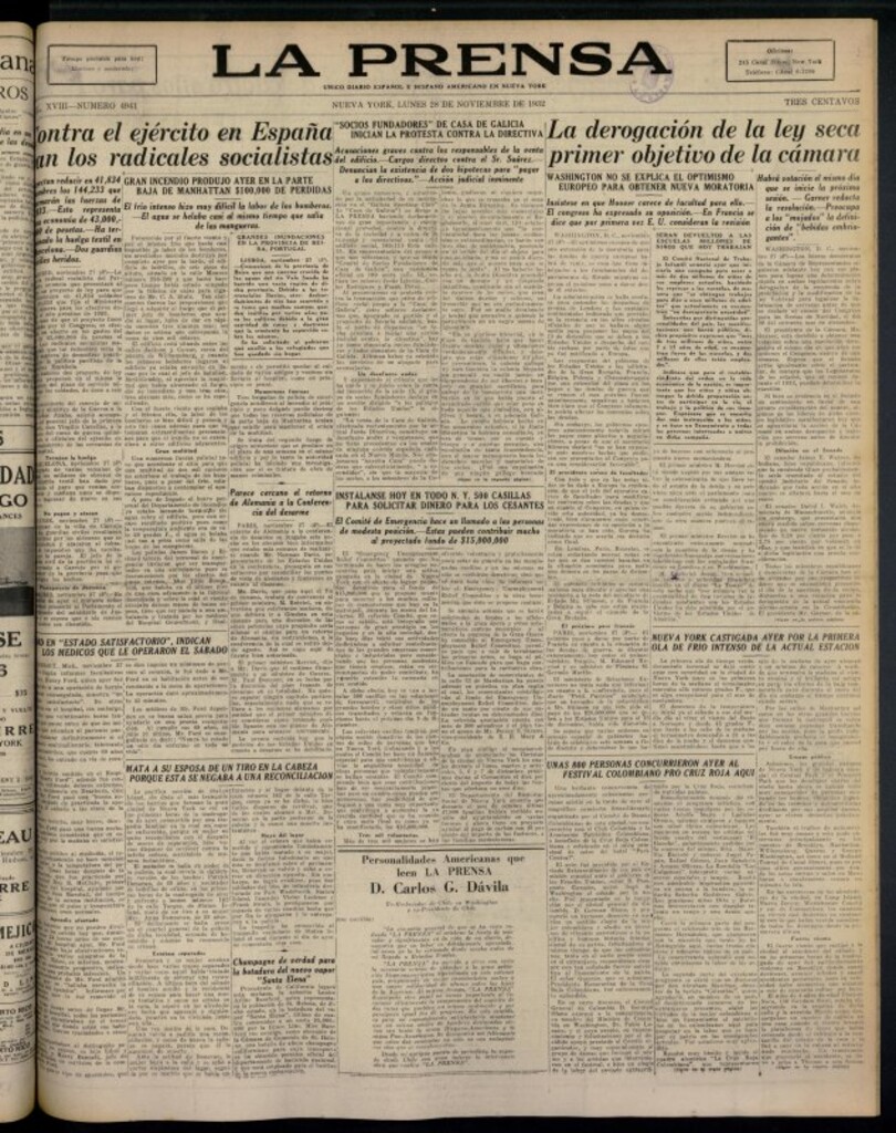 Miniatura de La Prensa: único diario español e hispano americano en Nueva York del 28 de noviembre de 1932, nº 4941