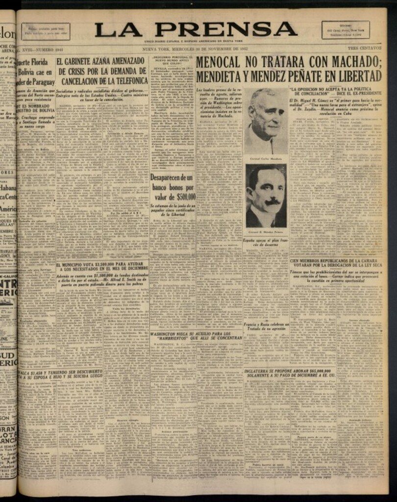 Miniatura de La Prensa: único diario español e hispano americano en Nueva York del 30 de noviembre de 1932, nº 4943