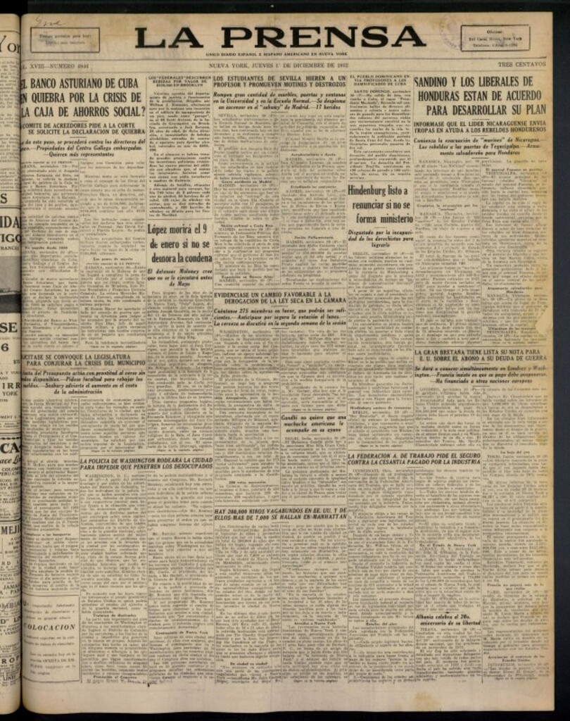 Miniatura de La Prensa: único diario español e hispano americano en Nueva York del 1 de diciembre de 1932, nº 4944