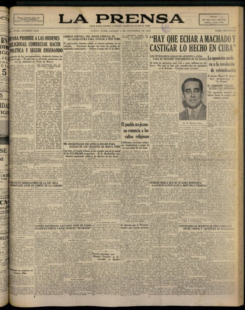 Miniatura de La Prensa: único diario español e hispano americano en Nueva York del 3 de diciembre de 1932, nº 4946