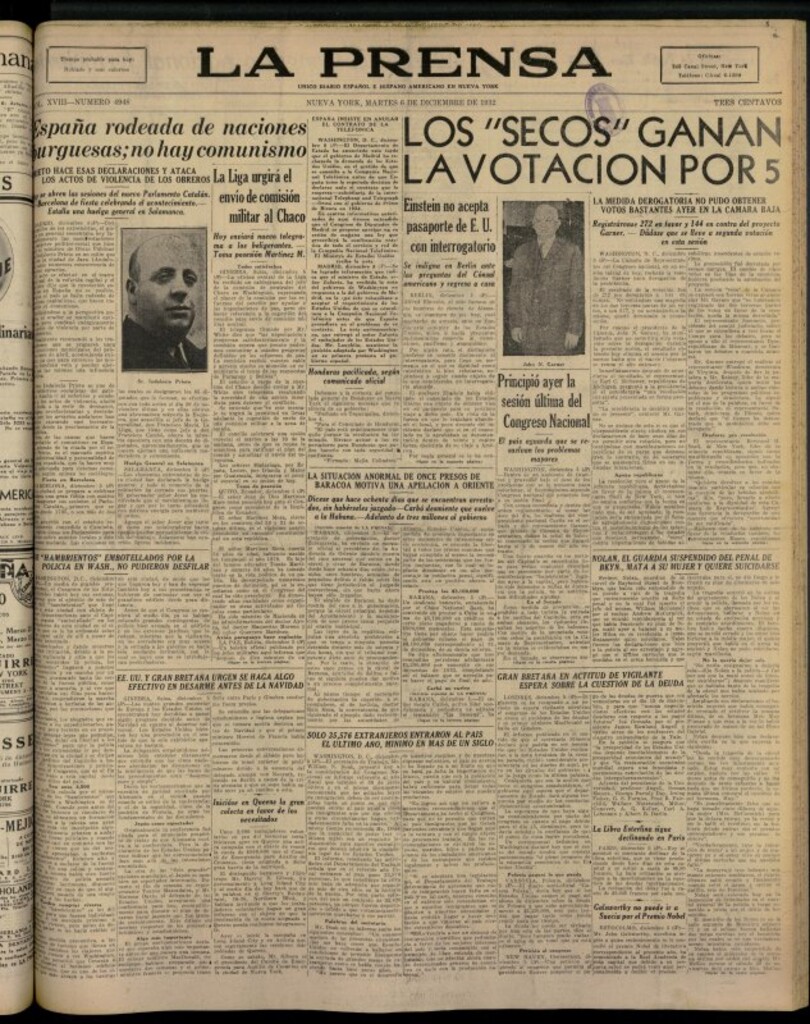 Miniatura de La Prensa: único diario español e hispano americano en Nueva York del 6 de diciembre de 1932, nº 4948