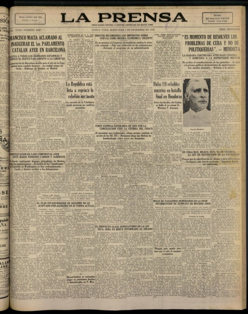 Miniatura de La Prensa: único diario español e hispano americano en Nueva York del 7 de diciembre de 1932, nº 4949