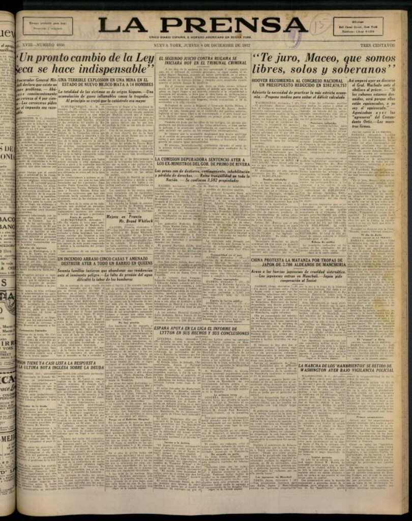 Miniatura de La Prensa: único diario español e hispano americano en Nueva York del 8 de diciembre de 1932, nº 4950