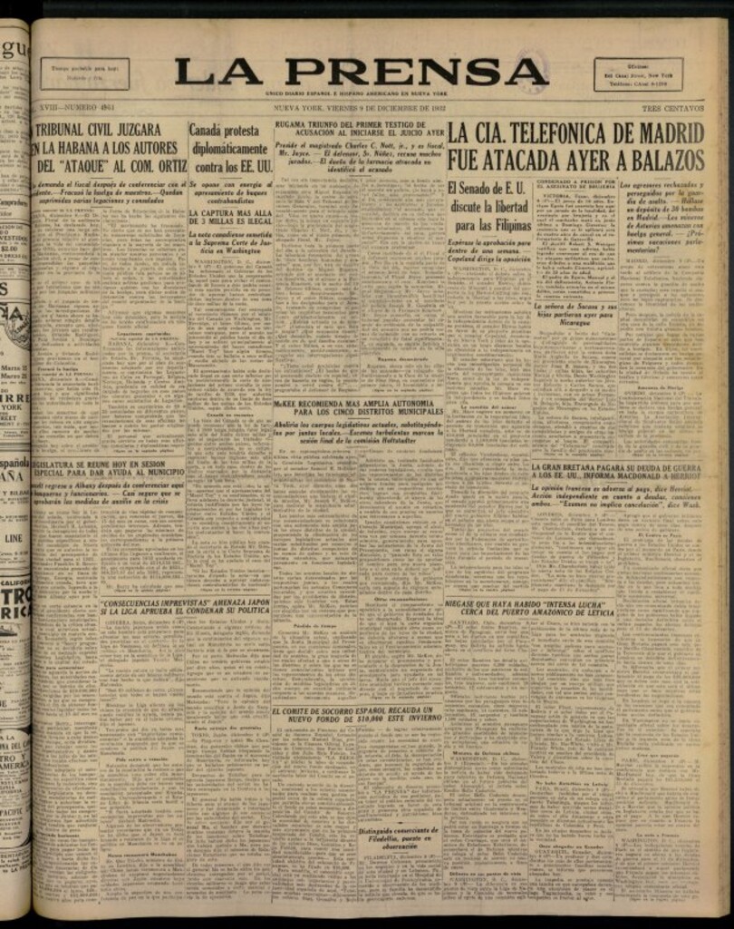 Miniatura de La Prensa: único diario español e hispano americano en Nueva York del 9 de diciembre de 1932, nº 4951