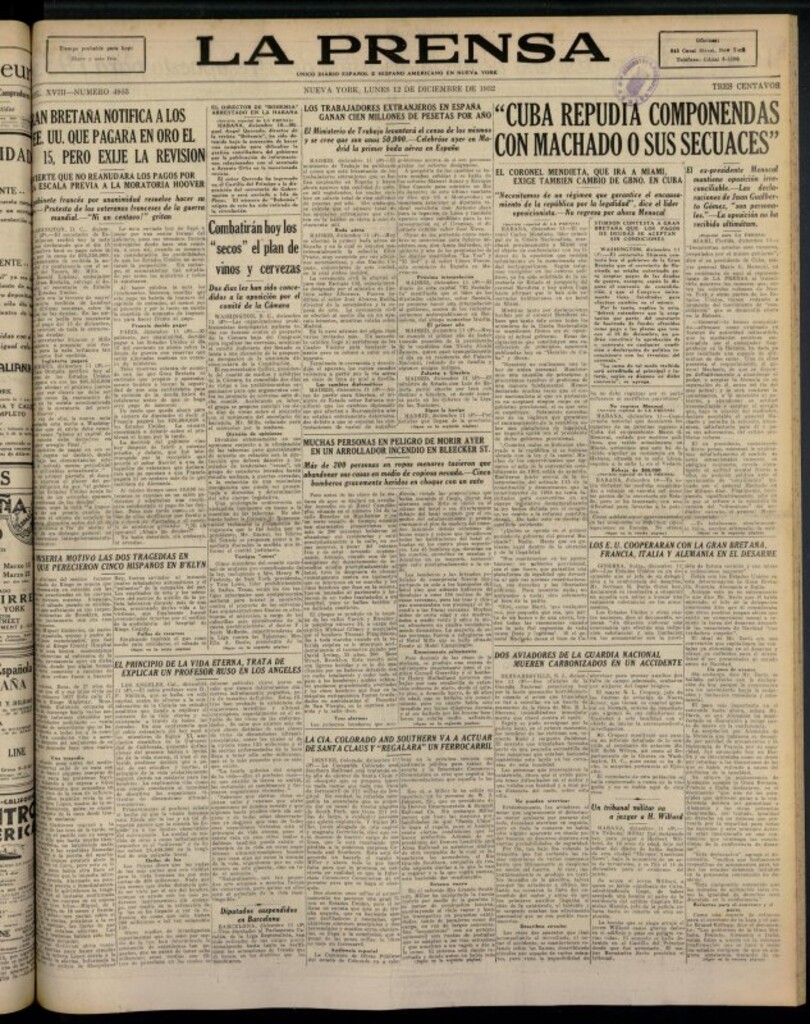 Miniatura de La Prensa: único diario español e hispano americano en Nueva York del 12 de diciembre de 1932, nº 4953