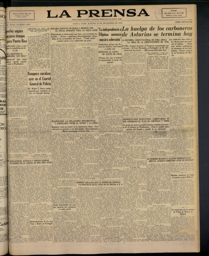 Miniatura de La Prensa: único diario español e hispano americano en Nueva York del 13 de diciembre de 1932, nº 4954