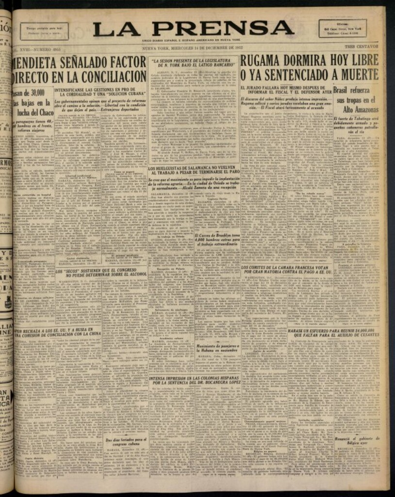 Miniatura de La Prensa: único diario español e hispano americano en Nueva York del 14 de diciembre de 1932, nº 4955