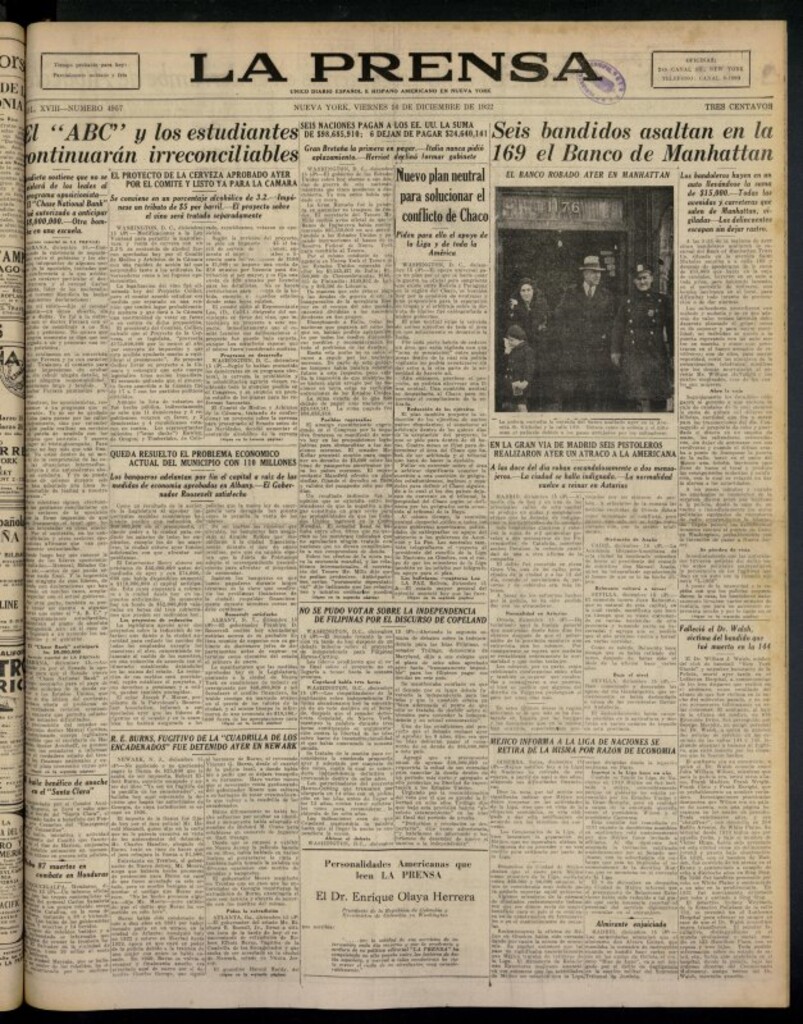Miniatura de La Prensa: único diario español e hispano americano en Nueva York del 16 de diciembre de 1932, nº 4957