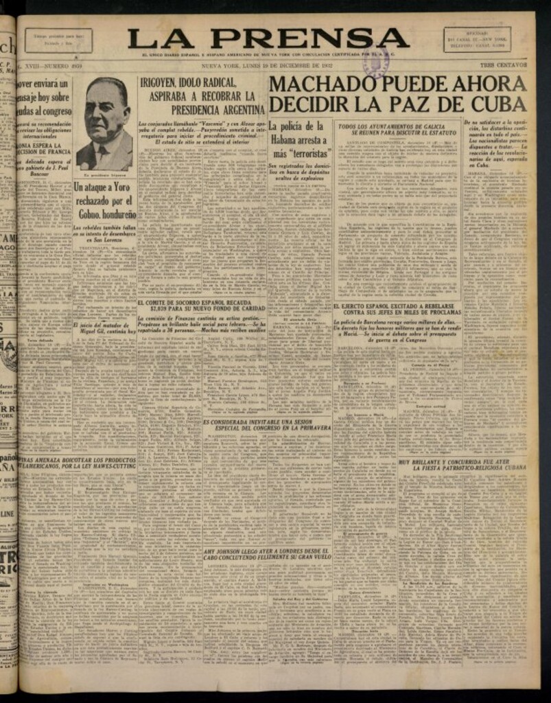Miniatura de La Prensa: único diario español e hispano americano en Nueva York del 19 de diciembre de 1932, nº 4959