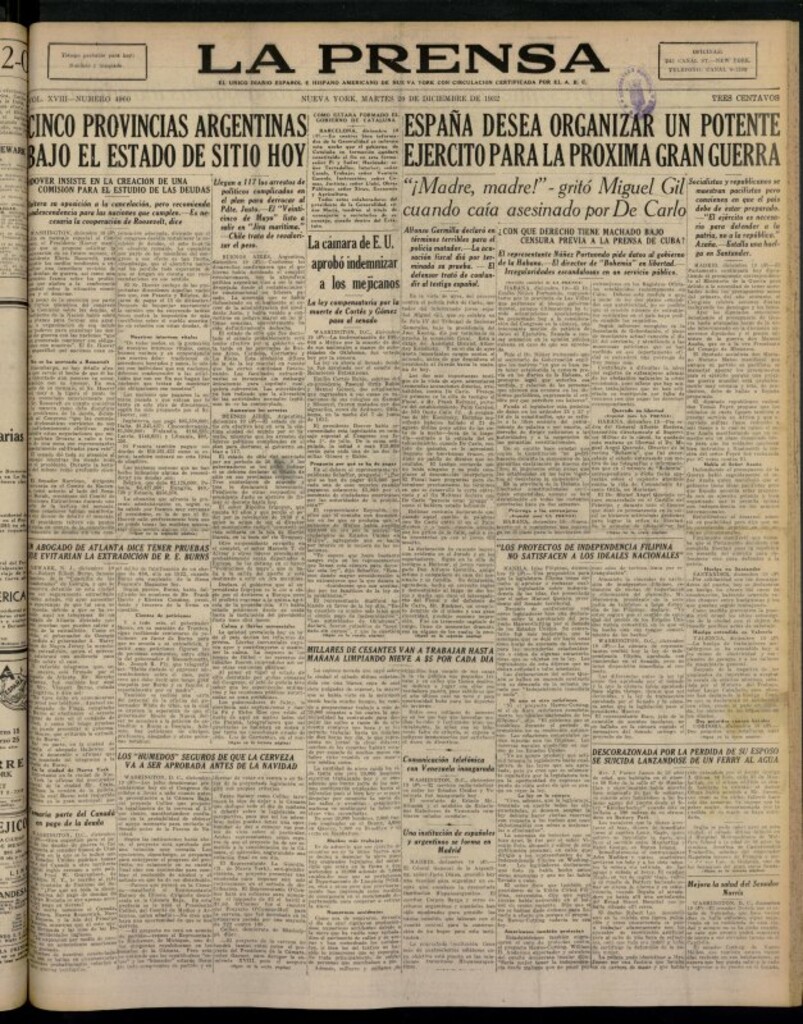 Miniatura de La Prensa: único diario español e hispano americano en Nueva York del 20 de diciembre de 1932, nº 4960