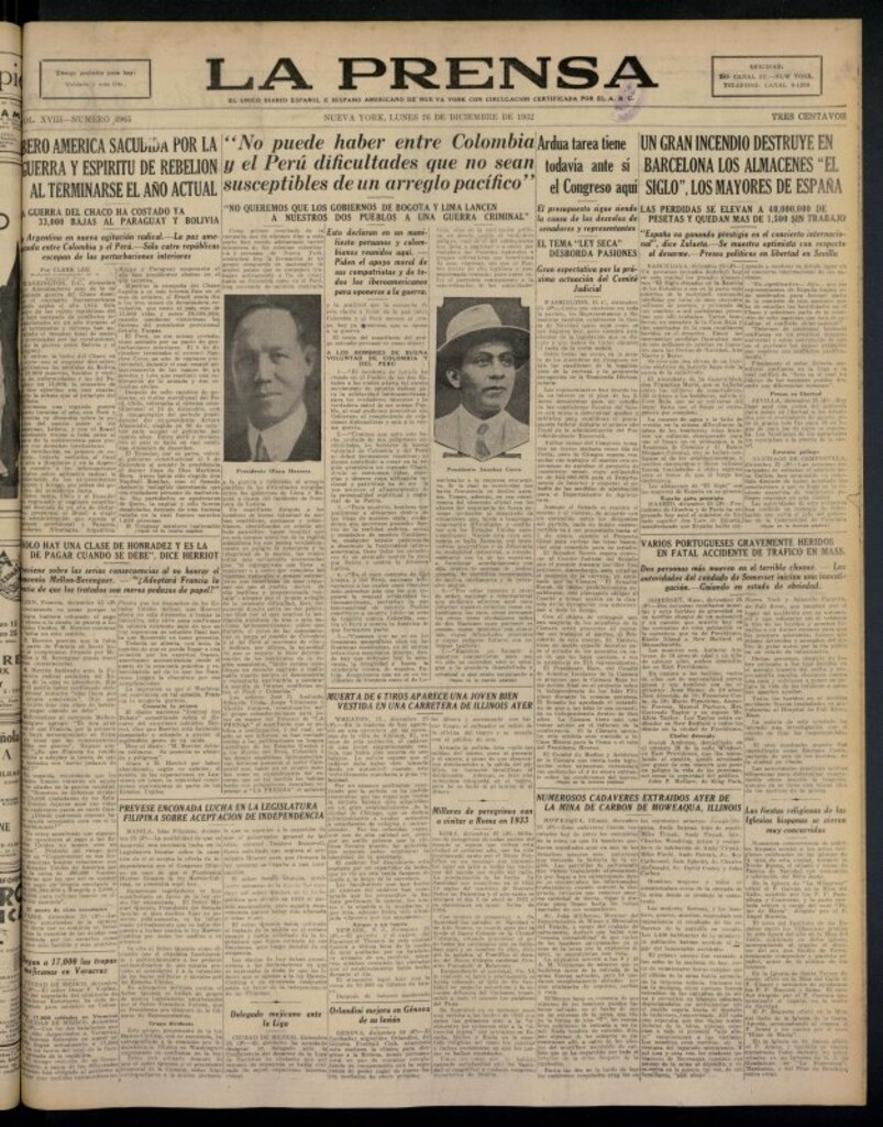Miniatura de La Prensa: único diario español e hispano americano en Nueva York del 26 de diciembre de 1932, nº 4965