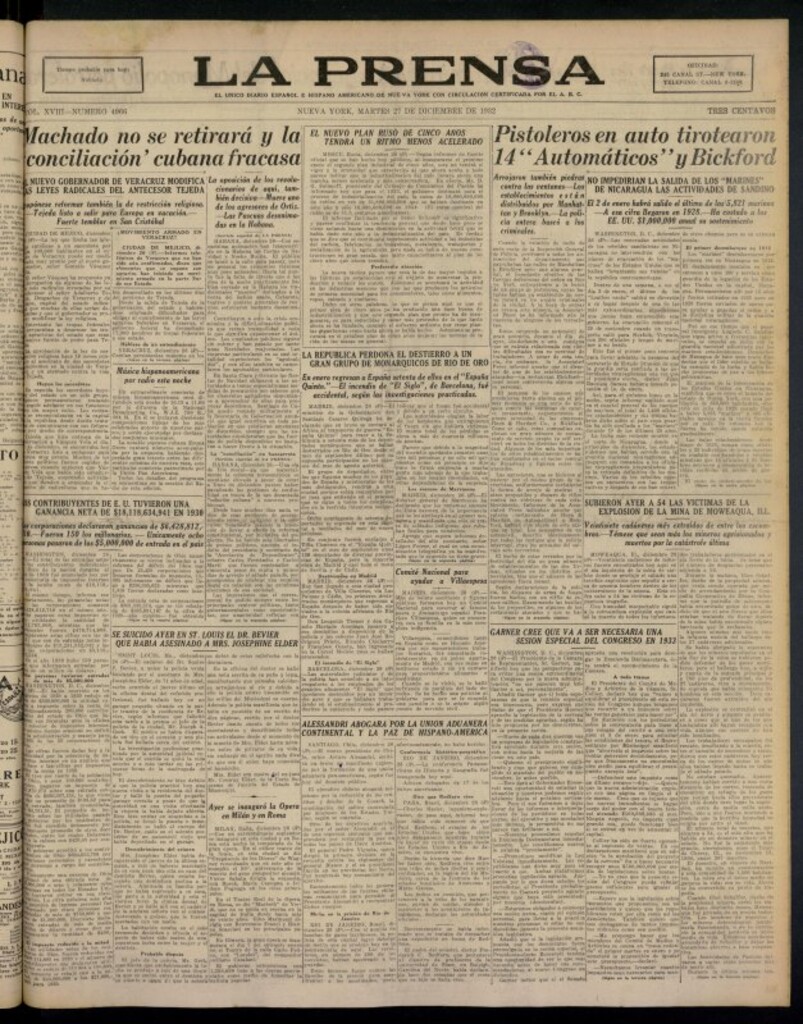 Miniatura de La Prensa: único diario español e hispano americano en Nueva York del 27 de diciembre de 1932, nº 4966