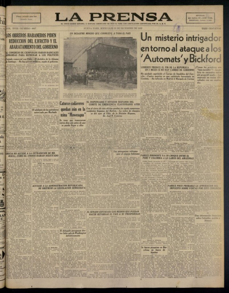 Miniatura de La Prensa: único diario español e hispano americano en Nueva York del 28 de diciembre de 1932, nº 4967